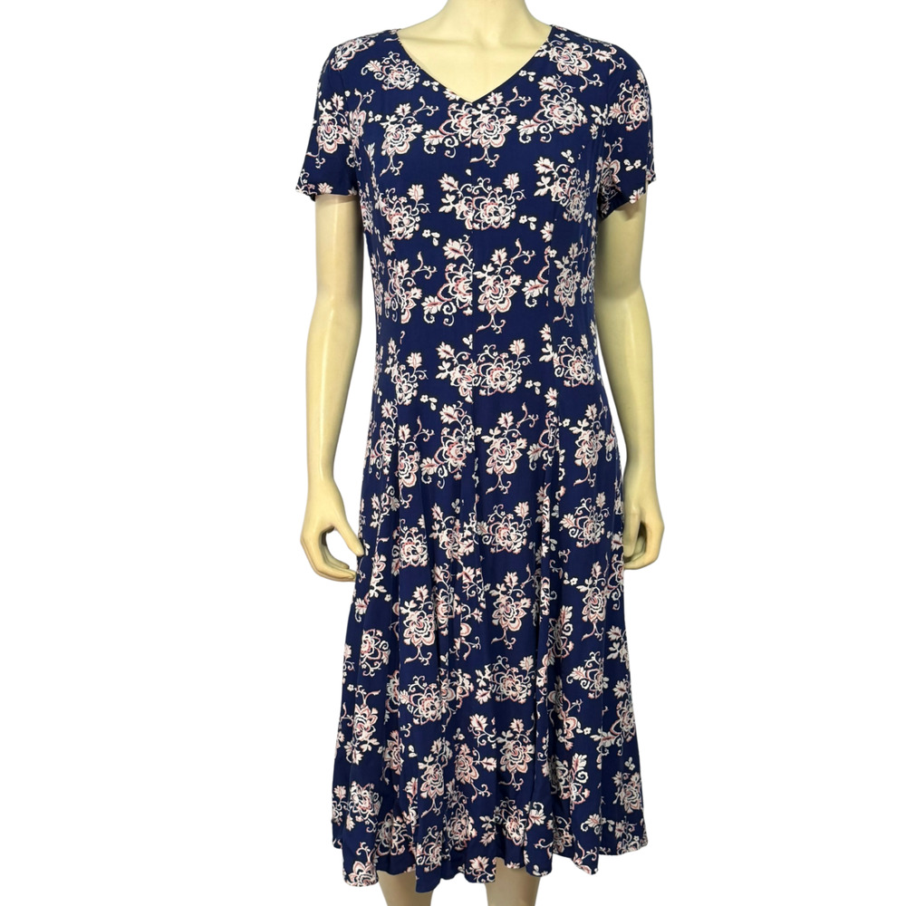 Vtg 90s Coldwater Creek Tea Length Dress Sz 8 Blue Floral Rayon Cottage Romantic